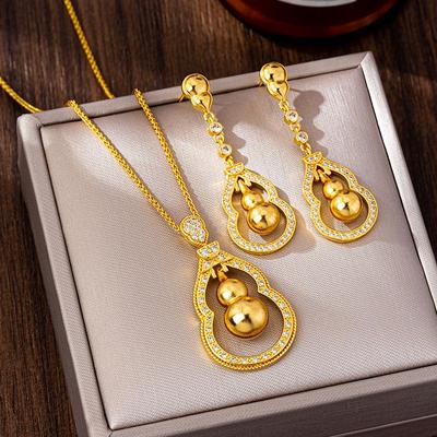 Orecchini e Ciondolo a Forma di Zucca con Diamanti Guochao e Collana d'Oro da Donna - Stile Corteo Retrò, Gioielli a Colore Duraturo