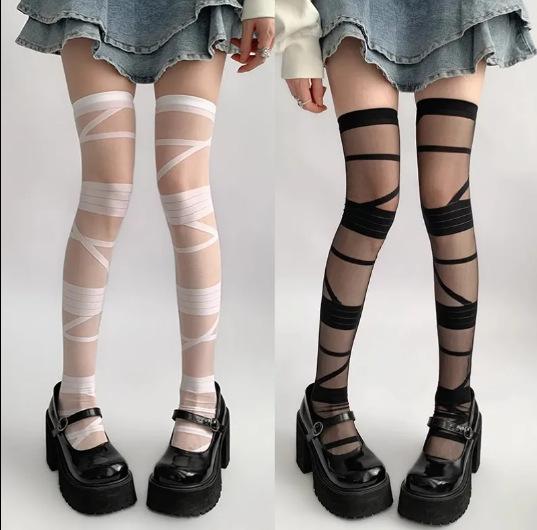 Gothic Lolita Stockings for Women Ultra-thin Transparent Silk Socks Thigh High Long Sock Y2k Girls Knee High Socks Stockings