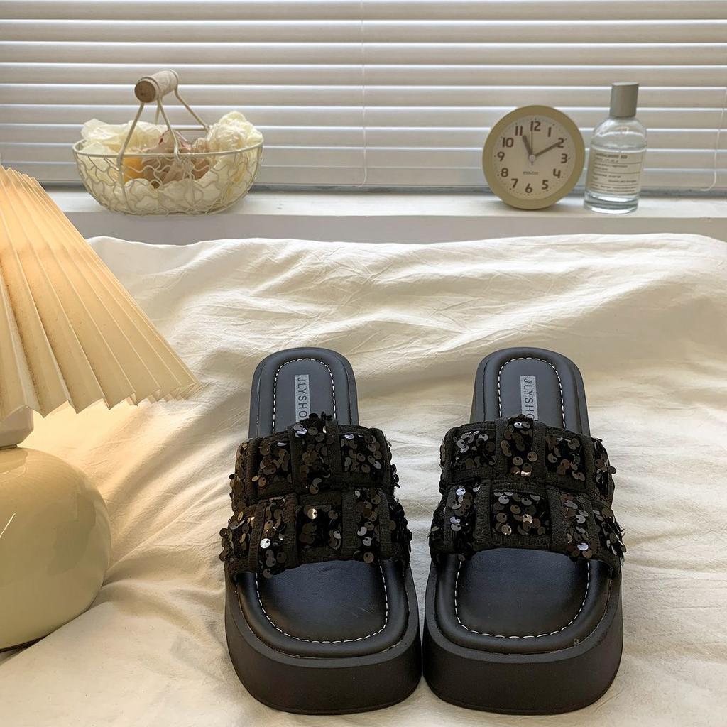 Open-toe Women's Casual Comfortable Fish Mouth Shoes Women Summer Sequin High-heeled Sandals Simple Thick-sole Slippers 2025 New