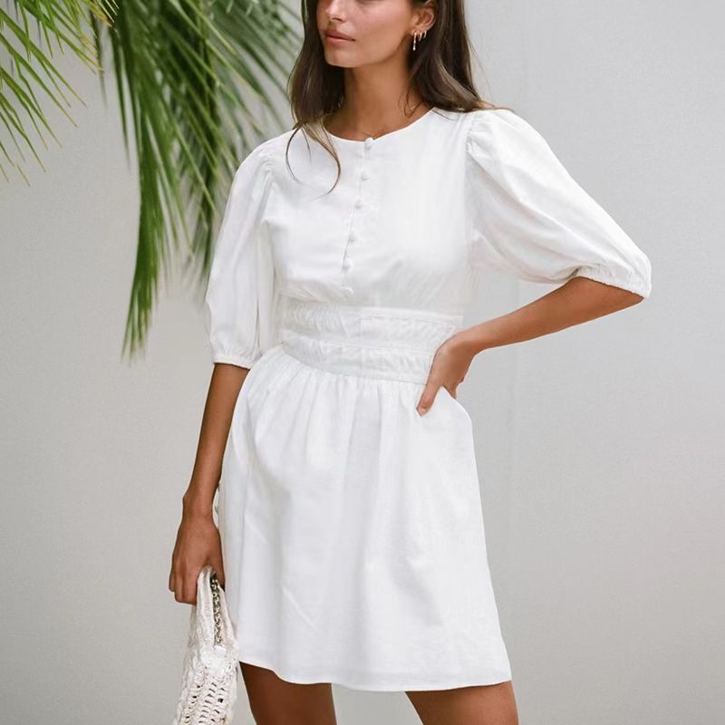 

Western Style Summer High Waist round Neck Puff sleeve Dress round Neck Bubble Sleeve Dress White L