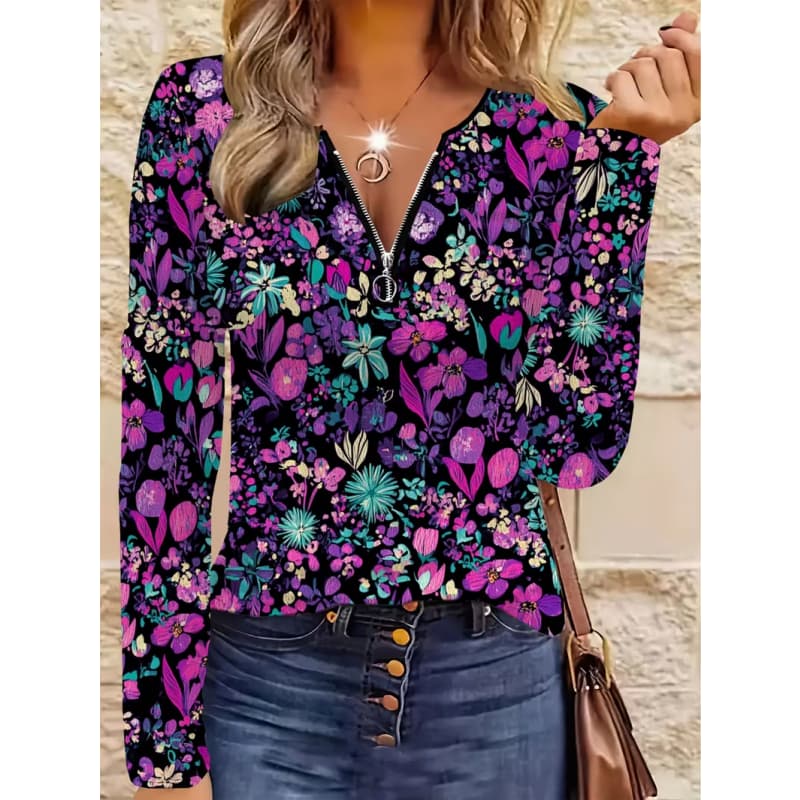 Women's Creative Printed Zipper Long-sleeved T-shirt, Breathable, Soft and Comfortable, Suitable for All-year-round Casual Wear