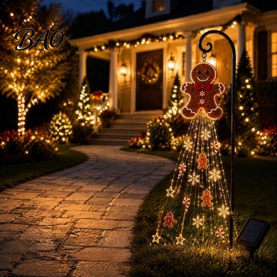 Christmas Decorations for Garden Beds Gingerbread Solar Light, Waterproof Outdoor Yard Light with Warm Metal Decor Waterfall LED, Pathway Stake