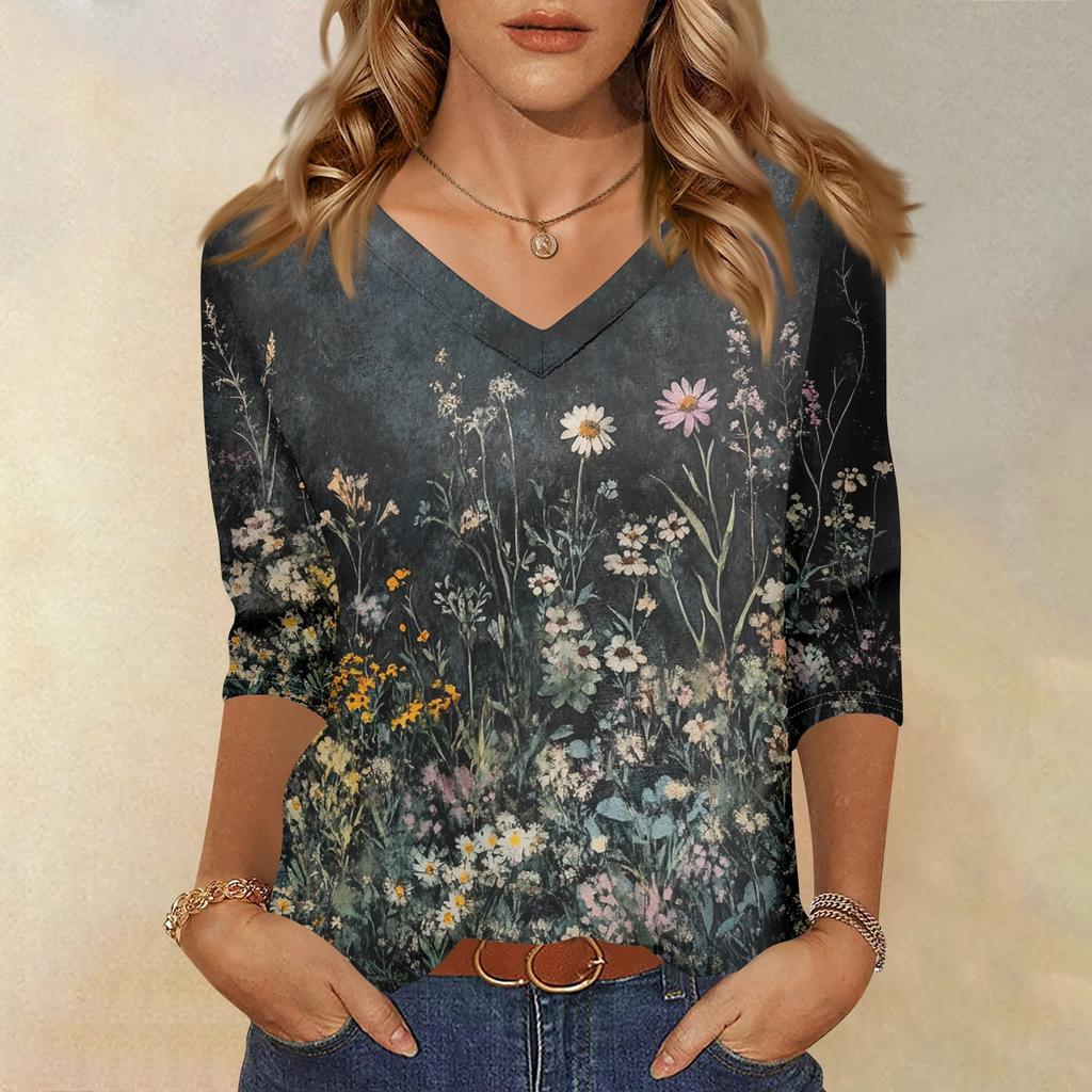 Bluzki damskie Koszula z rękawem trzy czwarte Dekolt w serek Luźna, swobodna koszula T-shirt z nadrukiem kwiatowym