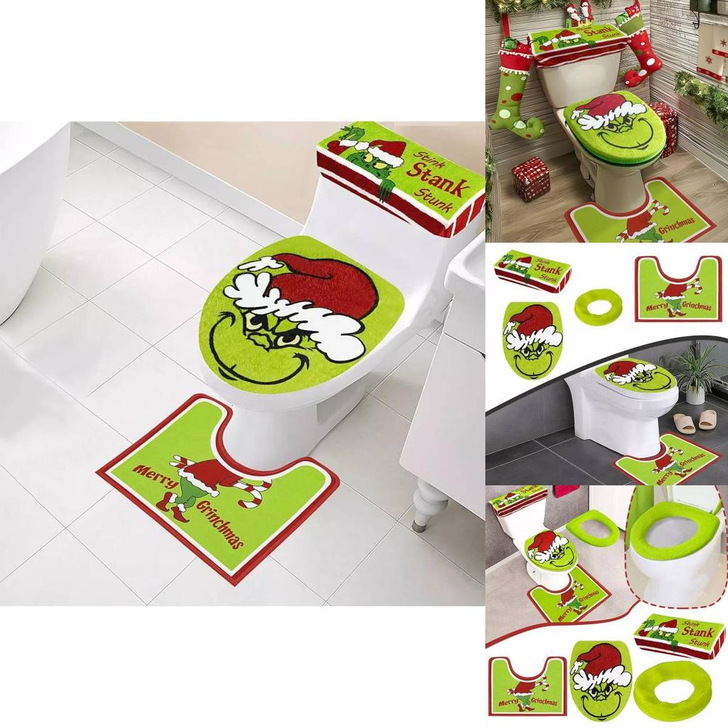 Set Decorazioni Bagno Natale Copriwater e Tappetino Verde Festivo del Grinch