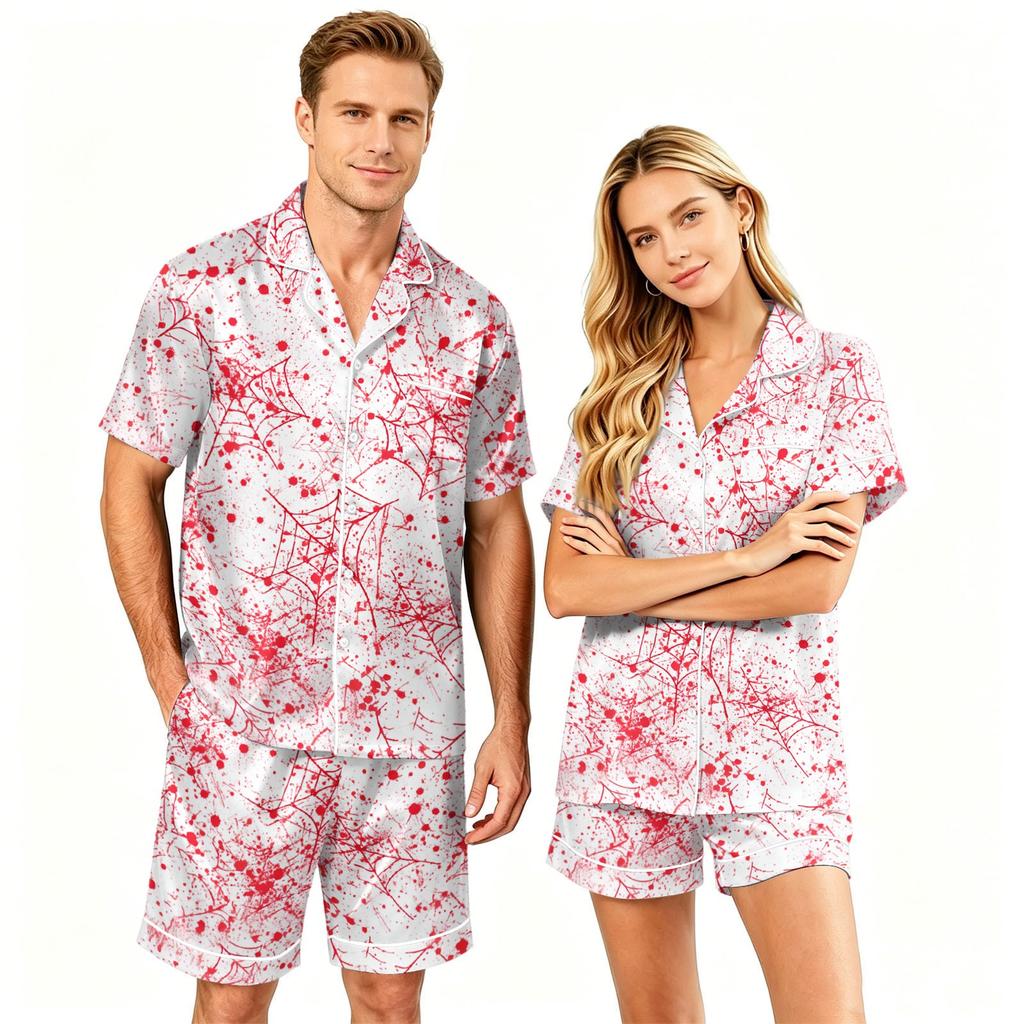 Couple Halloween Pajama Set Short Sleeve Button Down Shirt with Shorts Casual Soft Sleepwear S-XXXXL Matching Loungewear Set