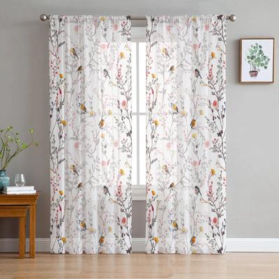 Spring Bird Sun Flower Orchid Retro Bedroom Transparent Sheer Curtains Holiday Decoration Window Voile Tulle Curtain