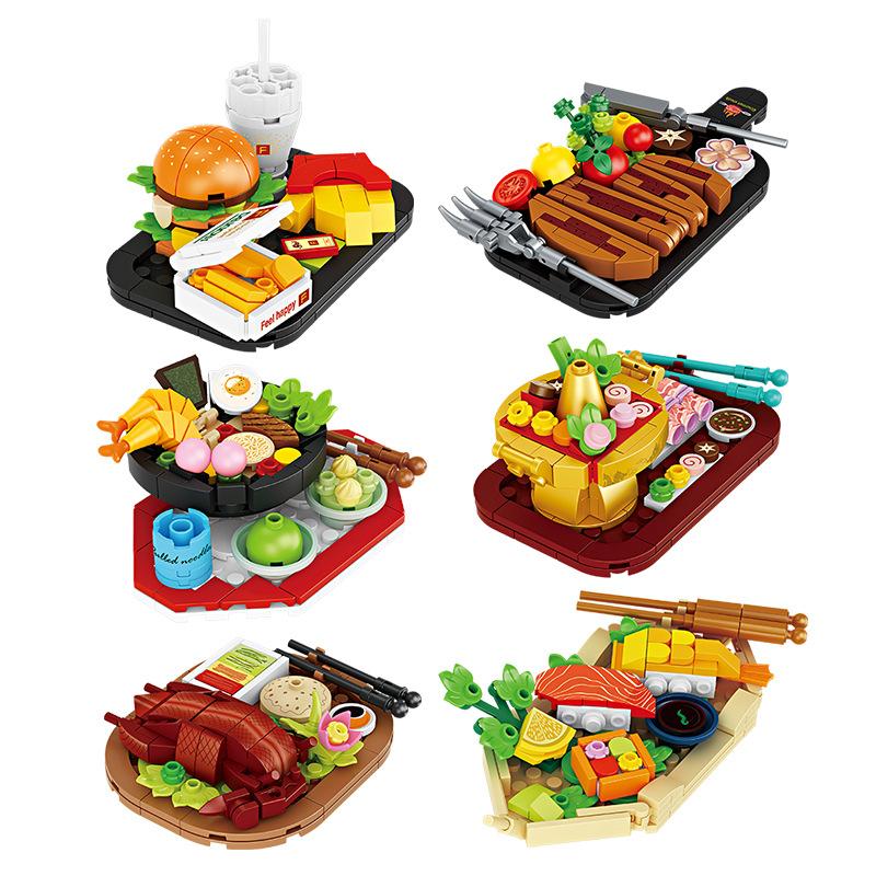 Building Blocks Children's Educational Assembly Food Model Compatible with Lego Boy Puzzle Steak Hamburger Hot Pot Toy