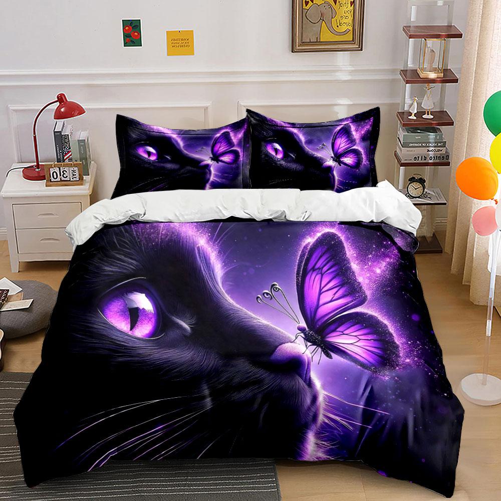"Purple-Themed Cat and Butterfly Set" kid's and adults' bedroom decor, Exquisite three-piece bedding set gift