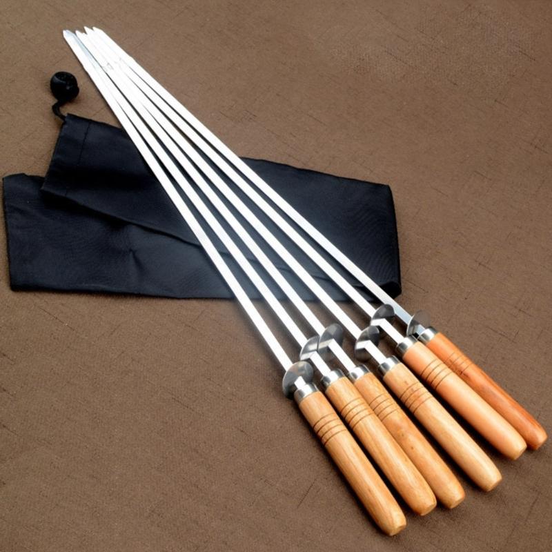 6Pieces Stainless Steel Barbecue Skewers Non Slip Wood Handles BBQ Stick for Camping Flat Metal Kebab Skewers Kitchen