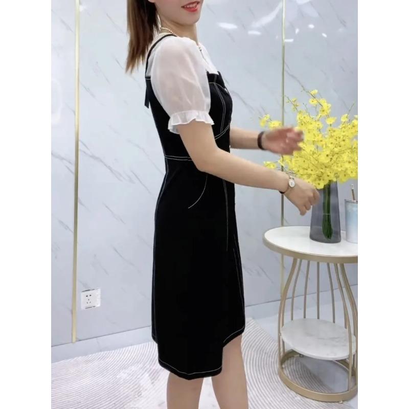 Women's Contrast Stitching Fake Two Piece Dress Mesh Puff Short Sleeve A-Line Midi Dress