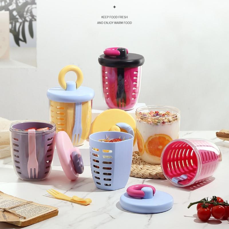 Salatschale mit Gabel, doppelwandig, mit Abtropfvorrichtung, Obstbecher, Kunststoff-Salatbehälter, multifunktional, tragbar, Joghurtbecher, Küchenzubehör