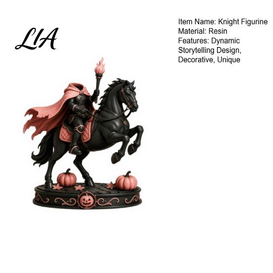 Fantasy Myth Legend Statue Headless Torch Knight Figurine with Horse Pumpkin, Gothic Pink Resin Spooky Desk Accessory for Halloween Mantel Tabletop