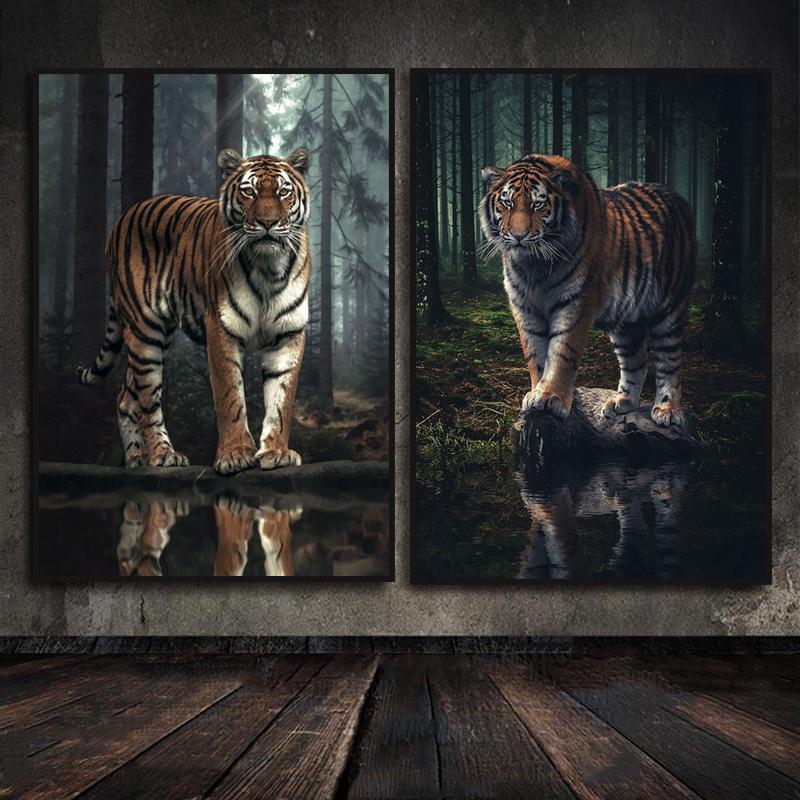Wild Animal Tiger Forest Landscape Poster Canvas Painting Inspirational Lion Wall Art Prints Picture for Living Room Home Decor No Frame