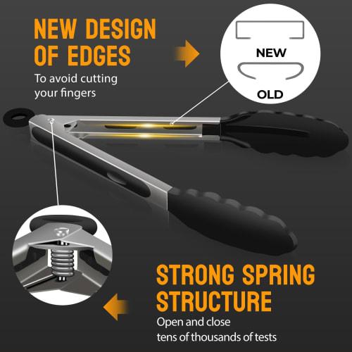 Hotec Tongs, Stainless Steel Kitchen Tongs, Silicone Tongs for BBQs and Grills, Heat-Resistant, Antibacterial, Lockable Storage, Set of 2 (Black), 23c