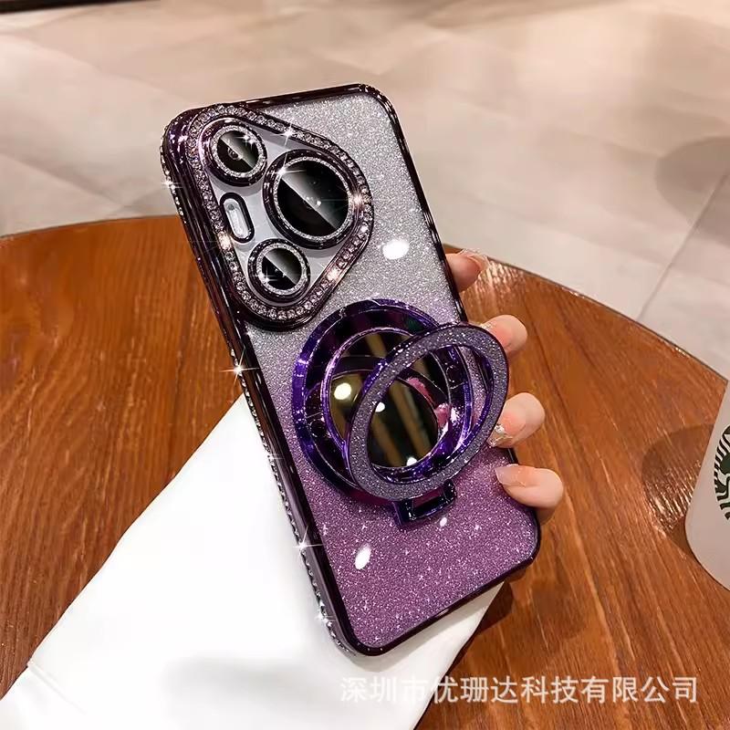Applicable To Huawei Pura11pro Mobile Phone Case Glitter Electroplated Rhinestone Mate11 Makeup Mirror Magnetic Suction Bracket Cover