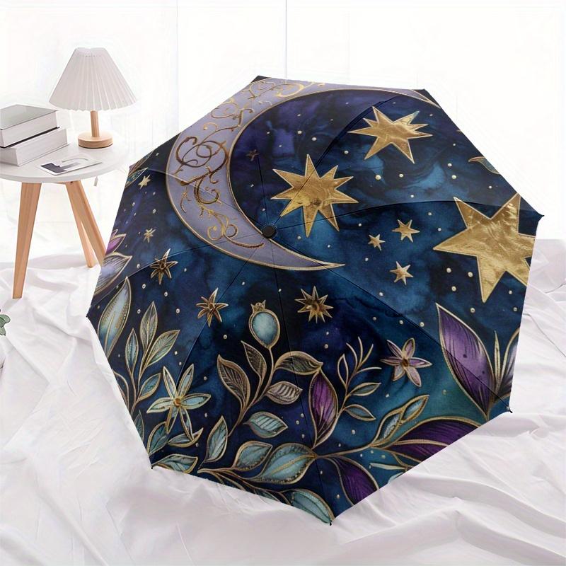 Starry Night Moon & Stars Decorative PlateUmbrella, Portable 3-Fold Compact Umbrella,Christmas Gift ES545
