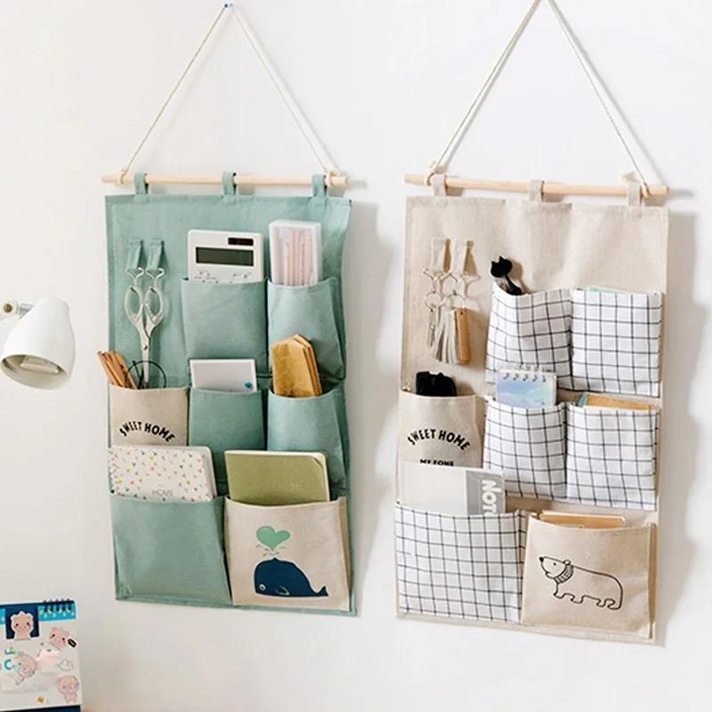 1/2pcs Linen Cotton 7Pocket Wall Hanging Storage Bag Door Back Organizer For Dorm Sundries