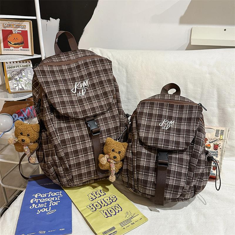 Vintage Plaid Backpack College Style Junior High School Student Schoolbag