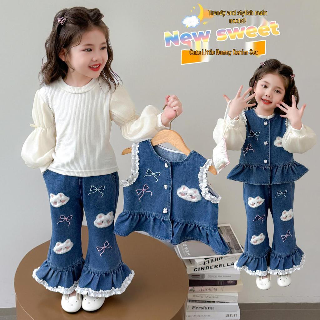 Autumn 2025 Girls' Fashion Denim Three-Piece Set: Vest, Base Shirt, for Small & Medium Kids