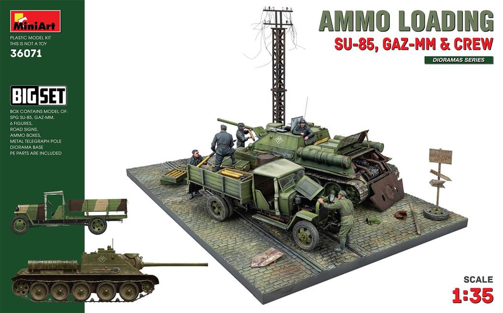 Miniart 135 Soviet Ammunition Loading Big Set SU-85 Self-Propelled Gun, GAZ-MM Medium Truck, 6 Crews, Plastic Model MA36071