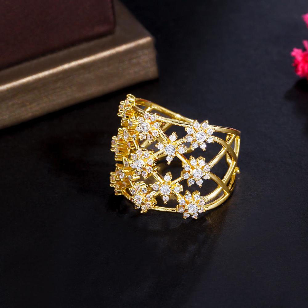 CMM Exclusive Design Hollow Star flower Gold Color Silver Color Fine Flashing Zircon Opening Adjustable Ring