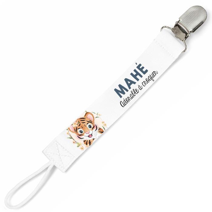 Planetee Attache tétine pour prénom MAHE adorable à croquer tigre garçon | Attache sucette cadeau naissance