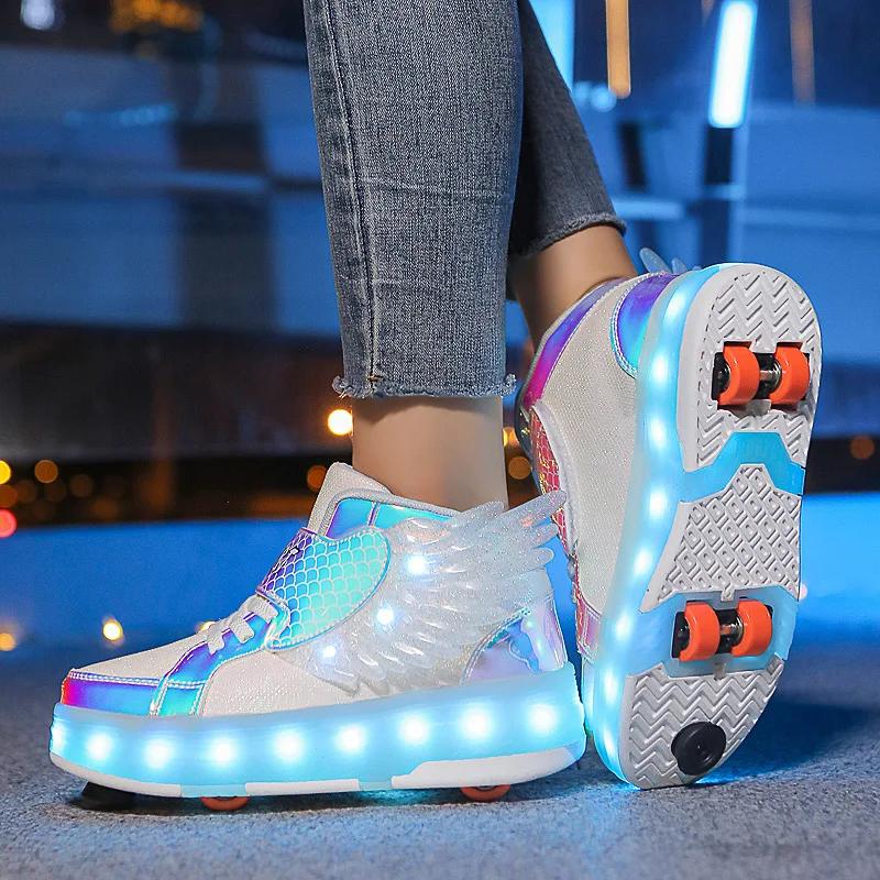 Kid Sneakers Luminous Removeable 4 Wheels Roller Skates USB Charge Wing Panda Sport Casual Skateboard Shoes Girls Boys Skates