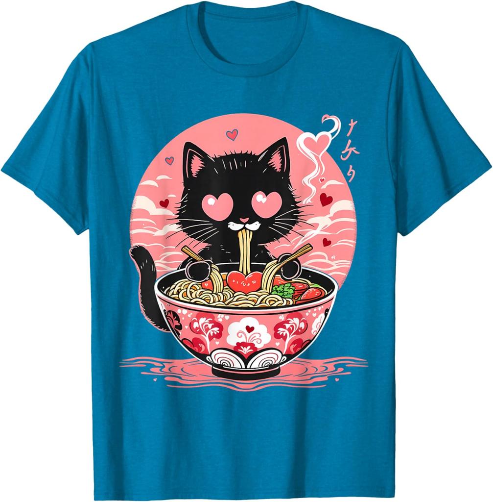 Kawaii Black Cat Eating Ramen Anime Japanese Aesthetic Graphic Tee Men Women Daily Perfect for Foodies Cat Moms