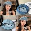 Vintage Denim Beret Hat For Women Summer Washed Style Retro Cap With Embroidery