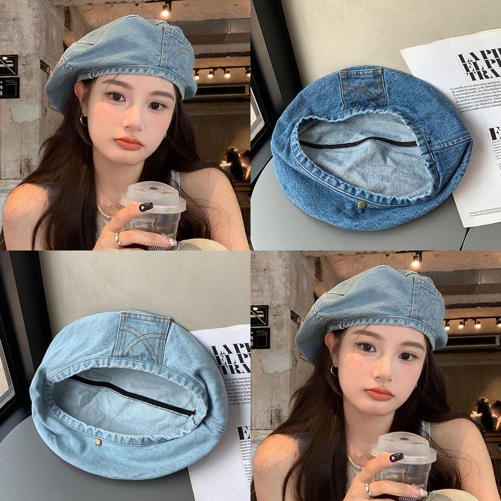 Vintage Denim Beret Hat For Women Summer Washed Style Retro Cap With Embroidery