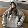 Women's Velvet Heavy Embroidery Loose Hooded Sweatshirt for Autumn and Winter Long Sleeve Base Shirt Jacket Top