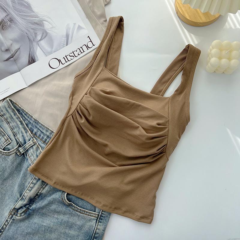 Korean Ruffled Spaghetti Strap Women's Tank with Chest Pads - Sexy Backless Slimming Base Layer