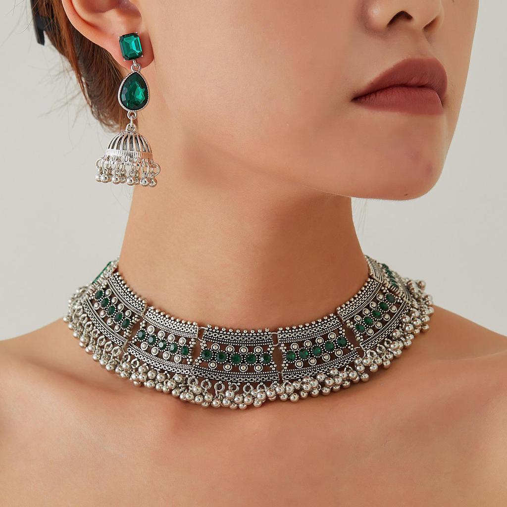 European & American Retro Rhinestone Beaded Tassel Earrings & Necklace Set