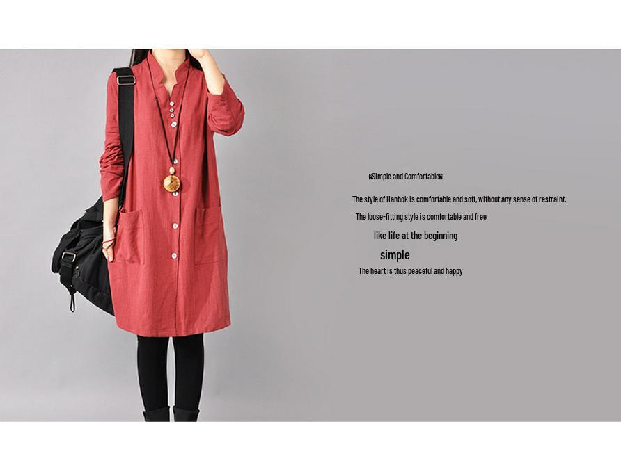 2025 Spring Korean Plus Size Women's Cotton Linen Shirt Dress with Half-Open Collar and Long Sleeves