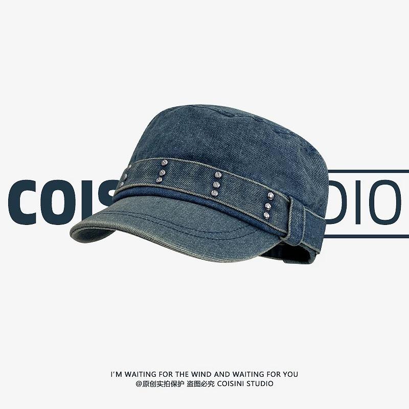 New autumn and winter retro denim flat-top cap washed and old versatile face niche rivet big head circumference hat