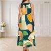 Women Plus Size Round Neck Triple Keyhole Cutout Sleeveless Geometric Printed Maxi Dress