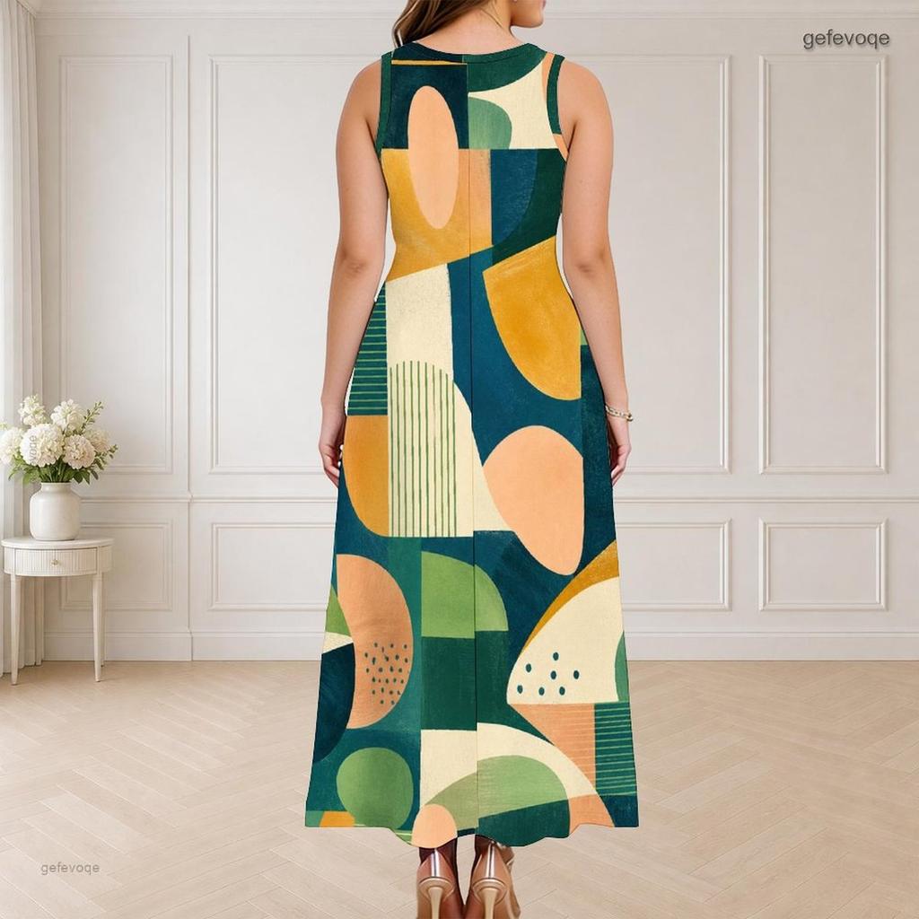 Women Plus Size Round Neck Triple Keyhole Cutout Sleeveless Geometric Printed Maxi Dress