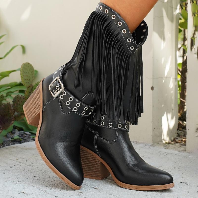 Fashion Autumn New Tassel Women's Boots European and American Retro Round Toe Block Heel Mid-leg Boots Western Boots Slip-on