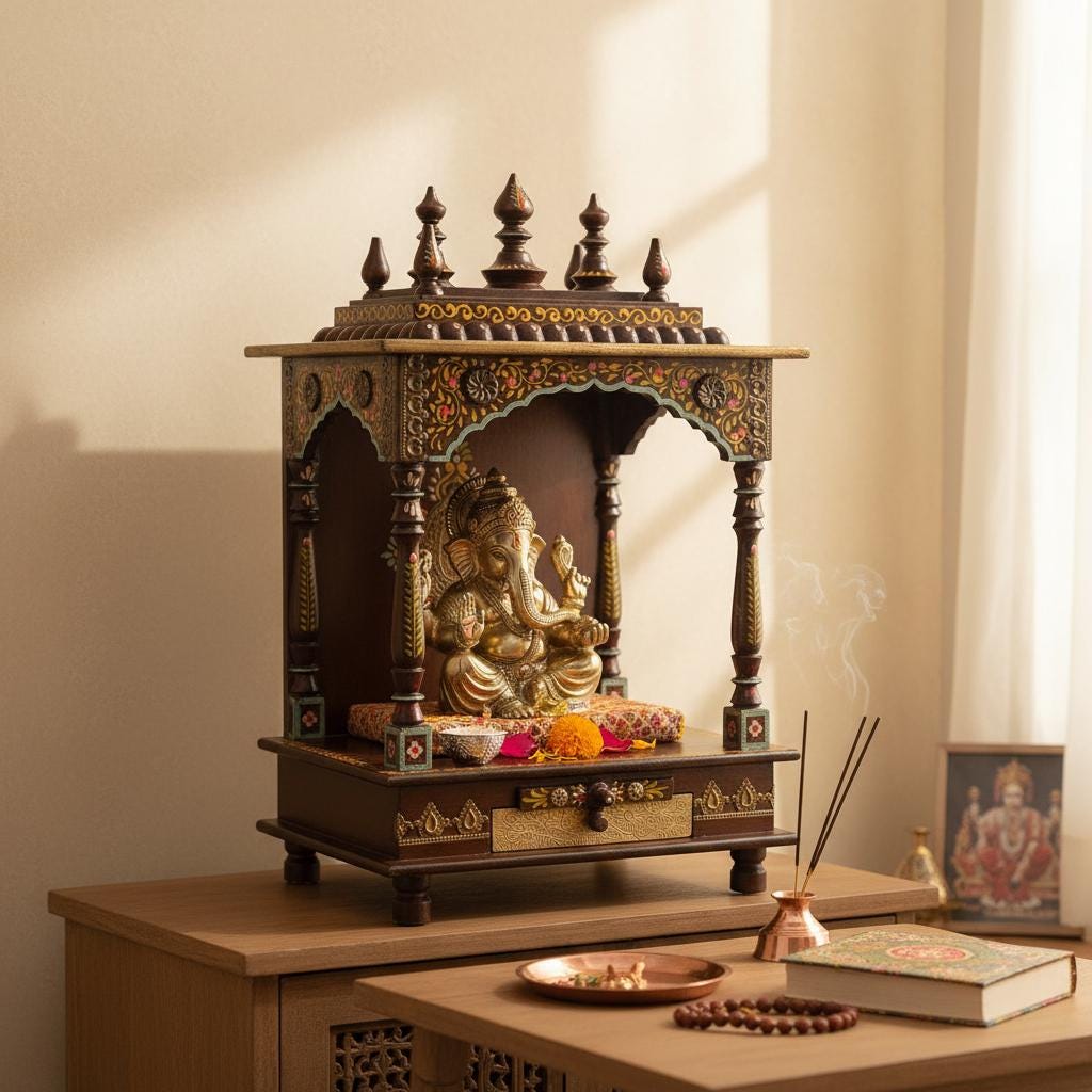 Wooden Painted Wall Temple Mandir Worship-Handicrafted Wood Pooja Mandir | Elegant Brown Temple with Intricate Gold & Floral Detailing