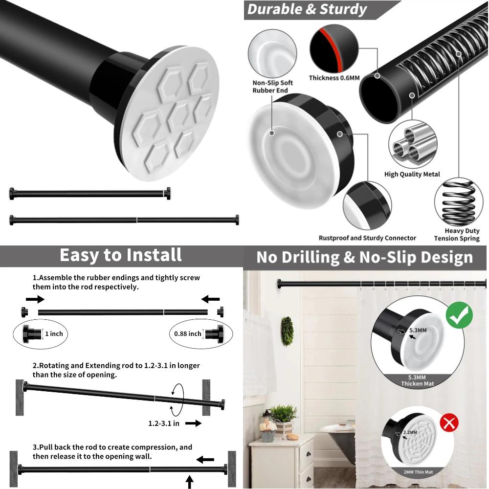 50-260CM Adjustable Curtain Rod No Drilling Telescopic Shower Curtain Pole for Balcony Bathroom Wardrobe Rod Clothes Drying Rack