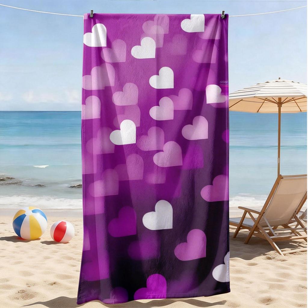 Romantisches Lila Herz Mikrofaser Strandtuch 2D Flach Gedruckt Wasserdicht Sandfest Reise Badetuch Für Meeresurlaub Sonnenbad