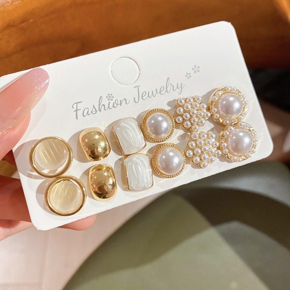 Round Square Stud Earrings Small Imitation Pearl Earrings  for Women Daily Jewelry Sets
