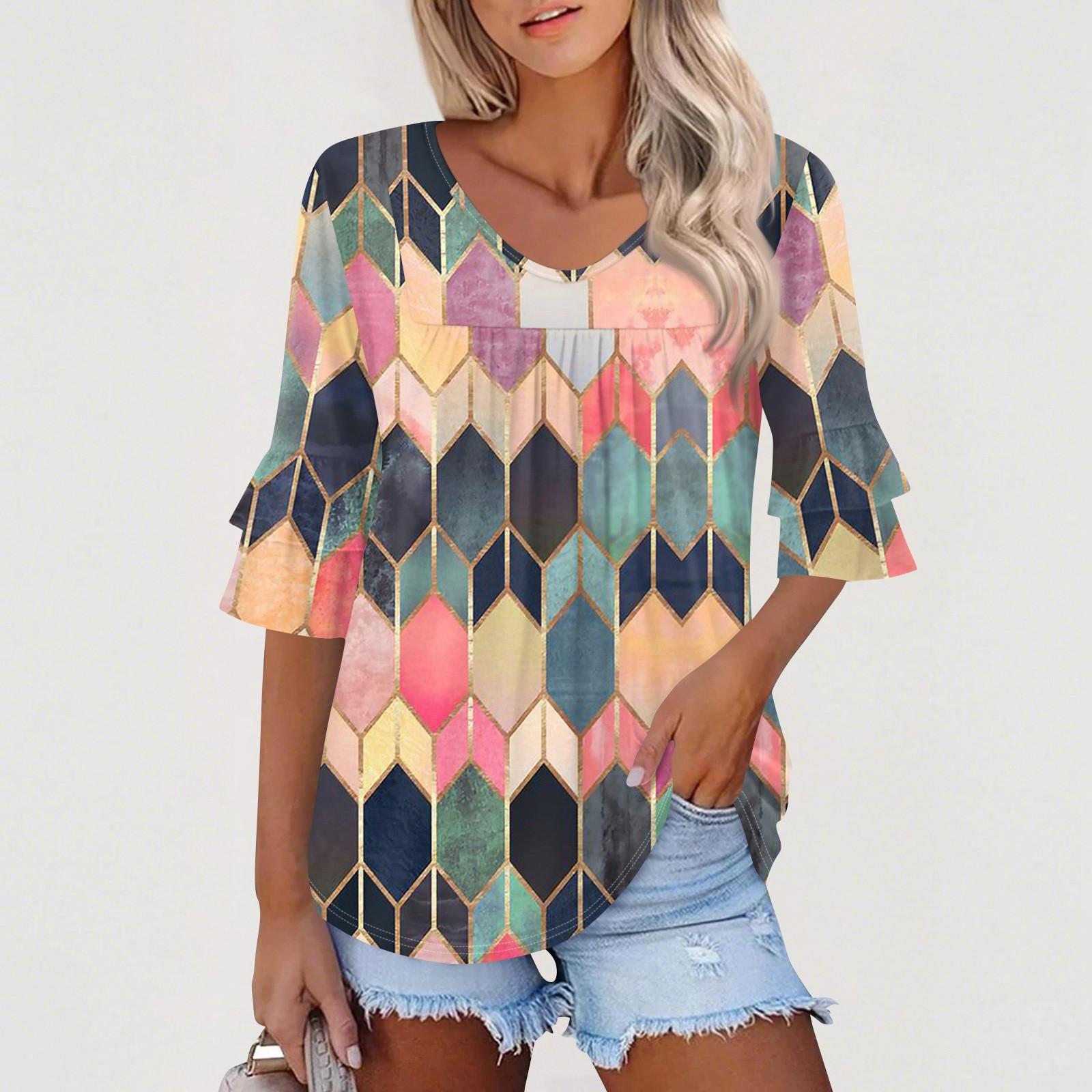 

Женские топы с рукавами 3/4, нарядные повседневные блузки, свободные туники с рукавами-колокольчиками и оборками, футболки с V-образным вырезом S