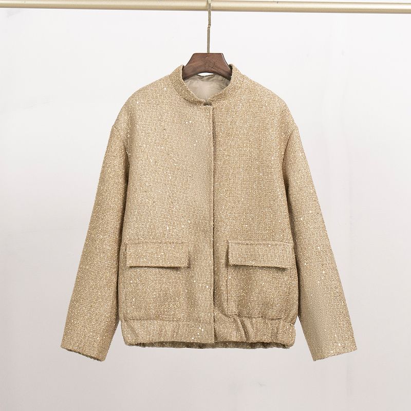 Gold Silk Sequin Jacket Female 2024 Fashion Ins New Arrival Fashionable Sequins Stand Collar Baggy Coat