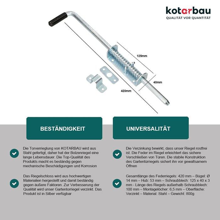 Verrou Porte Extérieur - Verrou Portail - Acier Galvanisé - 420 mm - Argent - Loquet à Ressort - Poignée Caoutchouc KOTARBAU