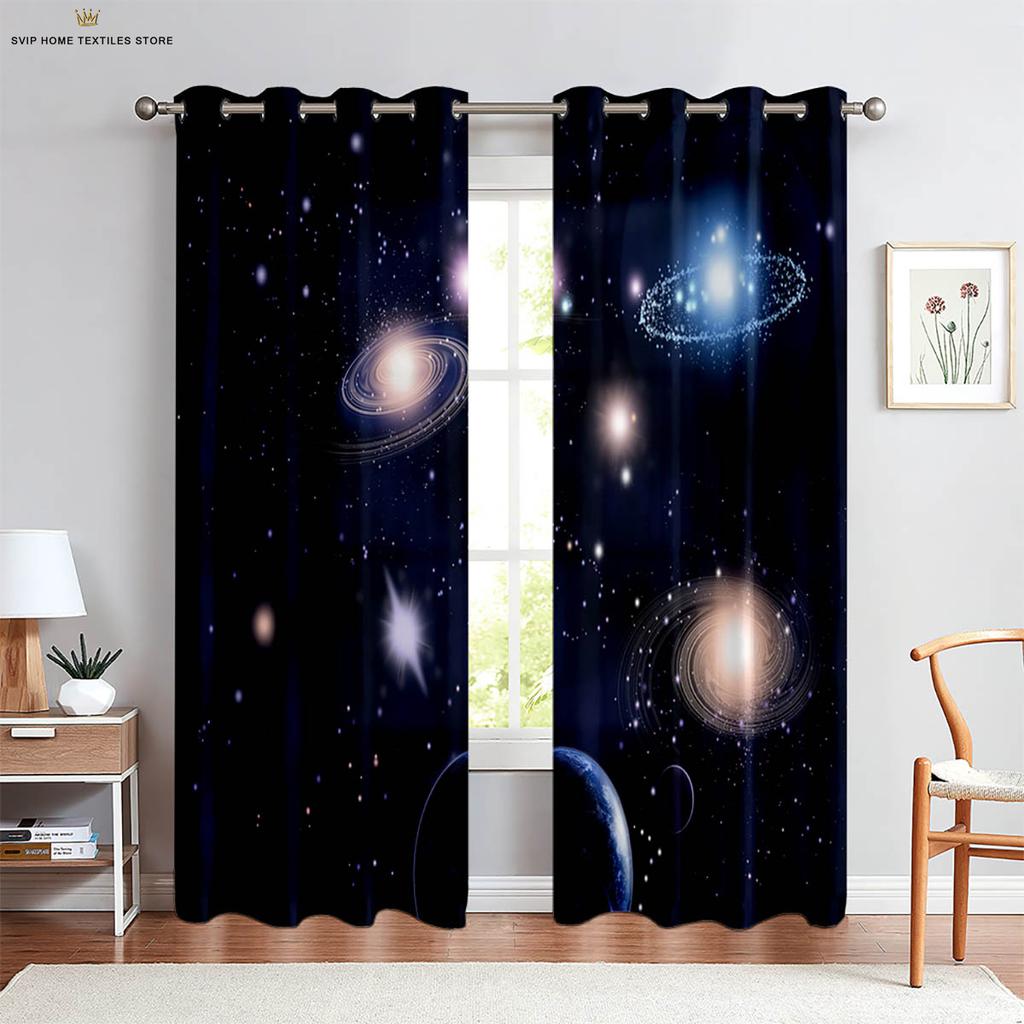 Dreamy Starry Sky Galaxy 3D Printed Curtains, Blackout, Heat Insulation, Living Room, Study, Bedroom, Home Decoration, 2 Pcs