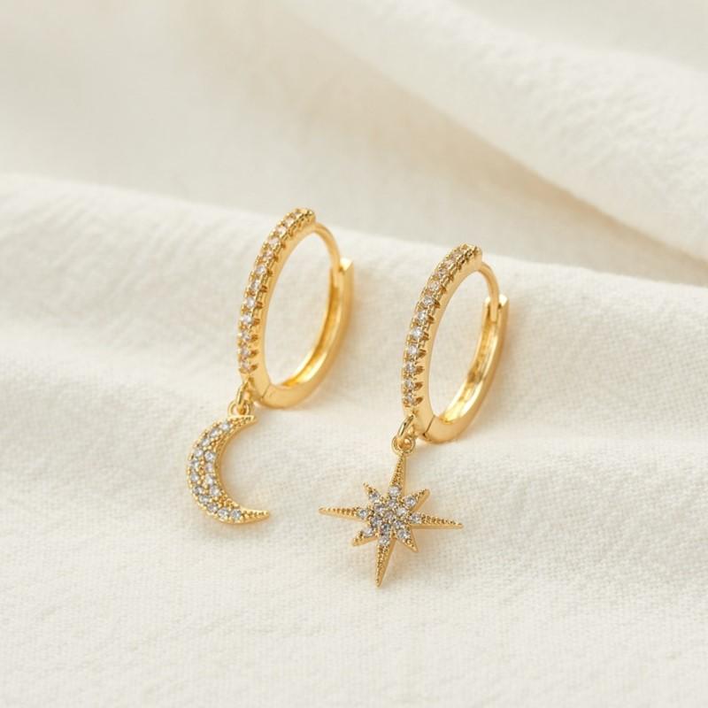 Delicate Silver Cubic Zircon Star & Moon Drop Pendant Hoop Earrings for Women Trendy Wedding Earring Jewelry Gifts