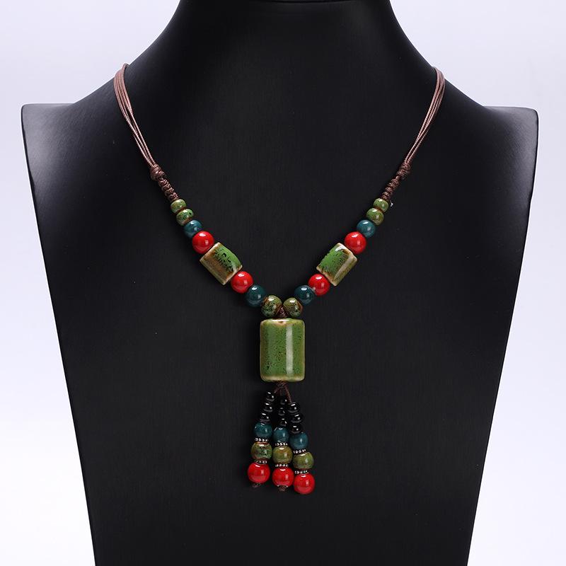 Ceramic Pendant Necklace Handmade Knotted Braided Rope Adjustable Long Sweater Chain Boho Vintage Ethnic Tribal Fashion Women Accessories Jewelry