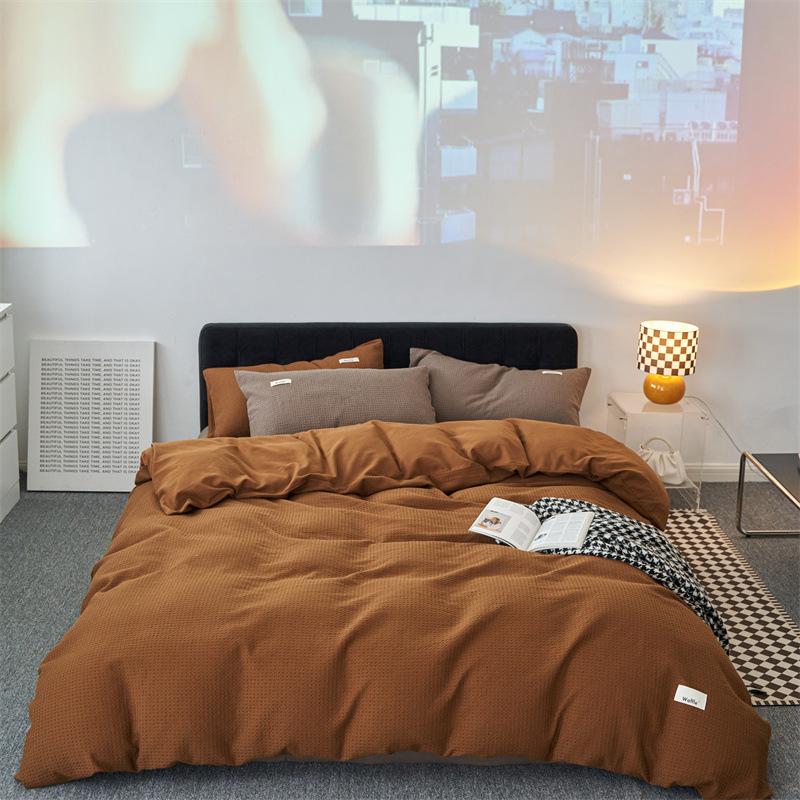 Class A, Maternal And Infant Grade Cotton Double-Layer Yarn 4Pcs Set, Pure Cotton Dormitory 3Pcs Set, Solid Color Bed Sheet Waffle Single Quilt Cover