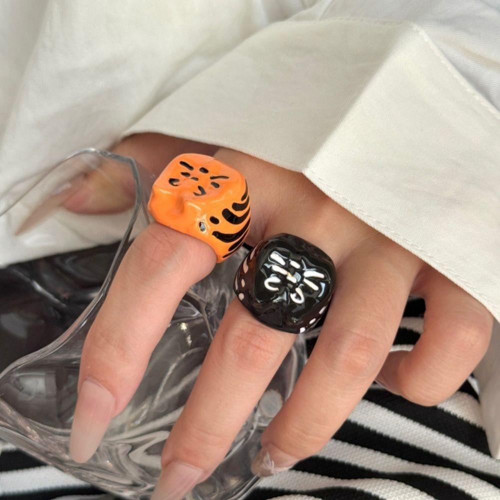 Korean Style Painting Ring Geometric Chunky Enamel Ring Personality Drip Oil Cat Ring  Men